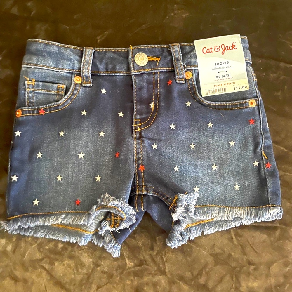 GIRLS CAT N JACK JEAN SHORTS~ RED WHITE BLUE STARS XS 4/5 4th of July